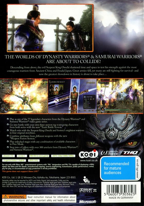 Back Cover for Warriors Orochi (Xbox 360)