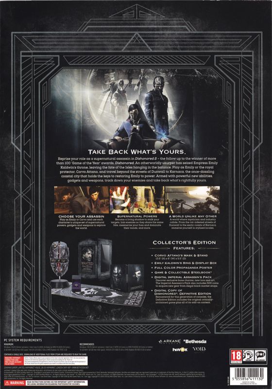 Back Cover for Dishonored 2 (Collector's Edition) (Windows)