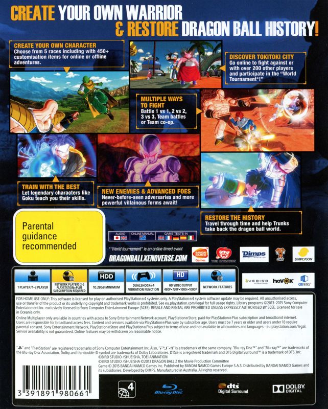 Back Cover for Dragon Ball: Xenoverse (PlayStation 4)