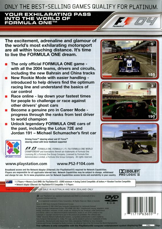 Back Cover for Formula One 04 (PlayStation 2) (Platinum release)