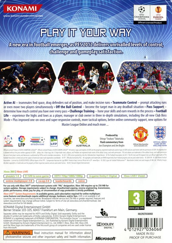Back Cover for PES 2012: Pro Evolution Soccer (Xbox 360)