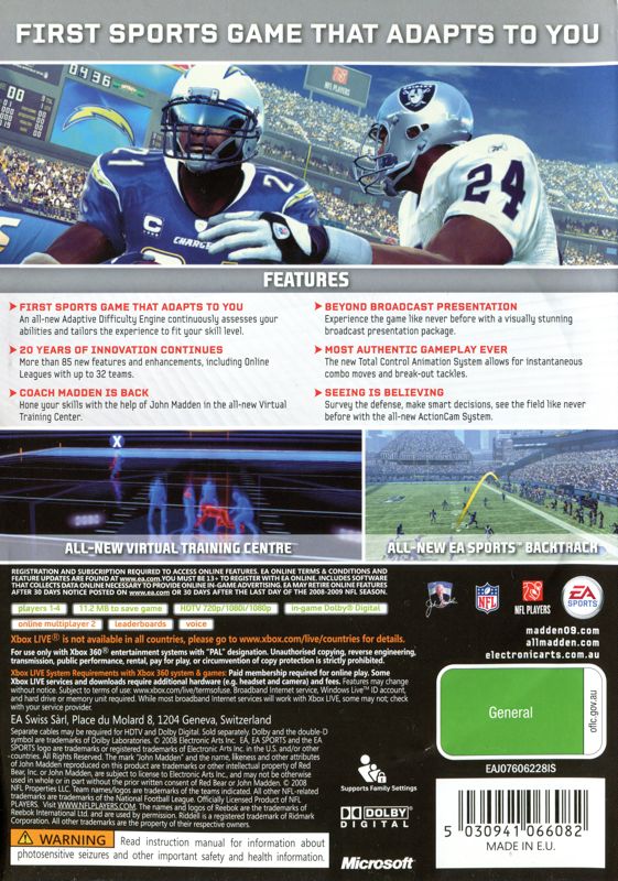 Back Cover for Madden NFL 09 (Xbox 360)