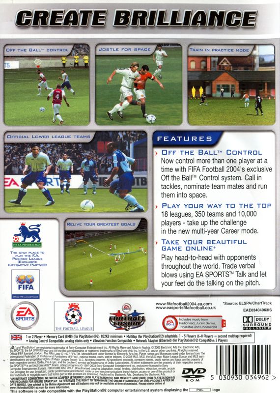 Back Cover for FIFA Soccer 2004 (PlayStation 2)