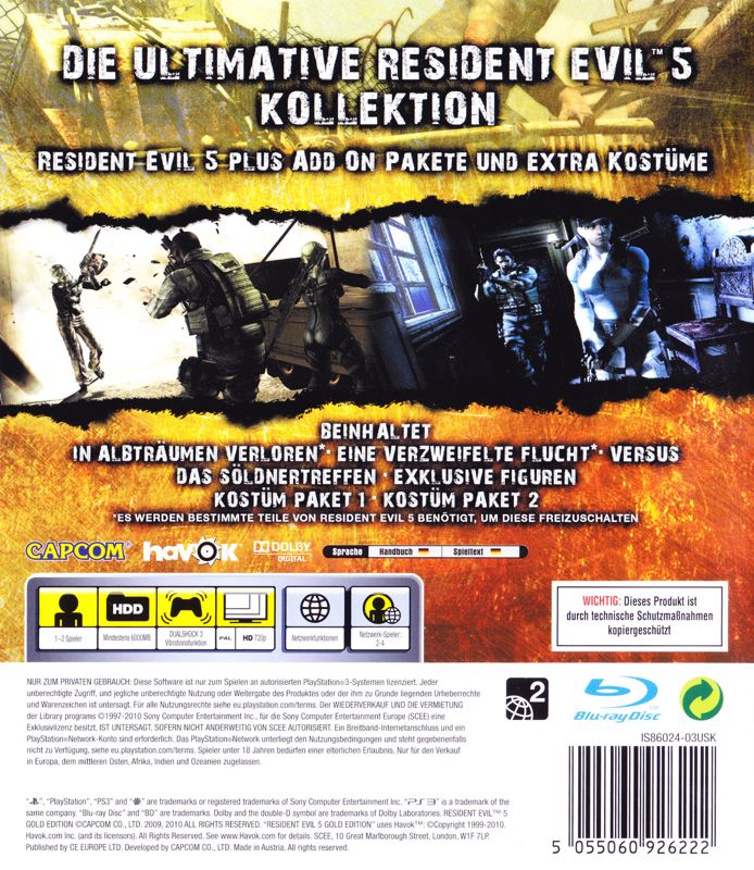 Back Cover for Resident Evil 5: Gold Edition (PlayStation 3)