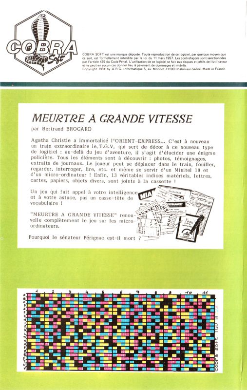 Back Cover for Meurtre a Grande Vitesse (Thomson MO and Thomson TO)