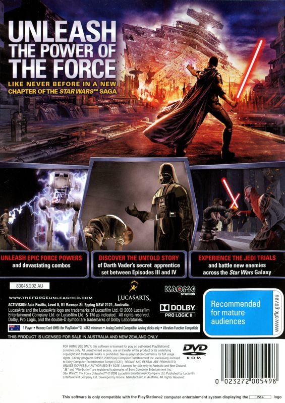 Back Cover for Star Wars: The Force Unleashed (PlayStation 2)