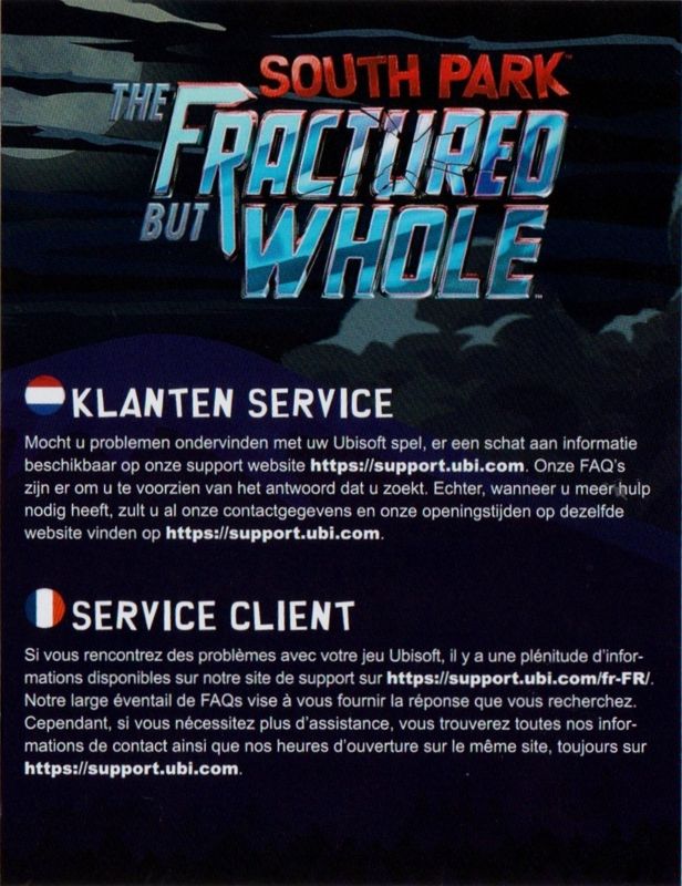 Extras for South Park: The Fractured But Whole (Nintendo Switch): Customer Service & Warranty Leaflet - Front