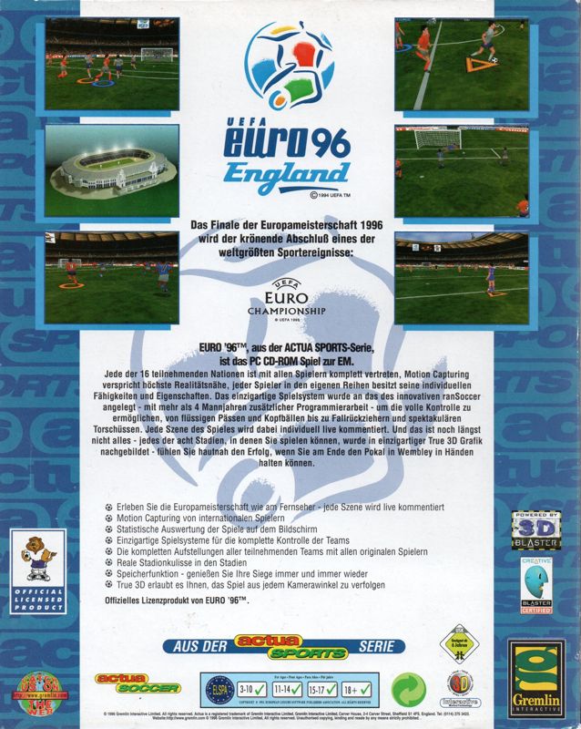 Back Cover for UEFA Euro 96 England (DOS)