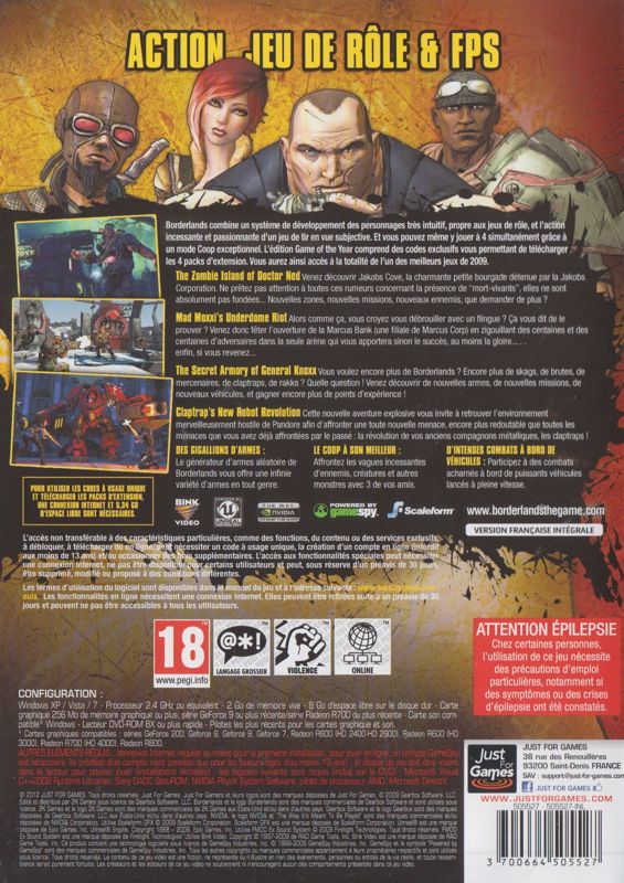 Back Cover for Borderlands: Game of the Year Edition (Windows) (Just For Gamers release (2012))