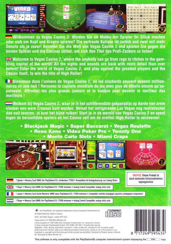 Back Cover for Vegas Casino II (PlayStation 2) (Re-release)