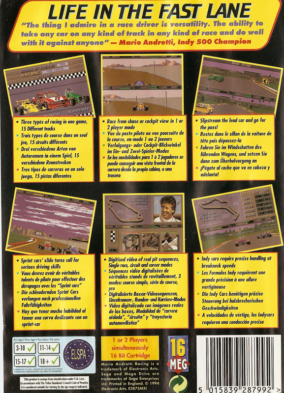 Back Cover for Mario Andretti Racing (Genesis)