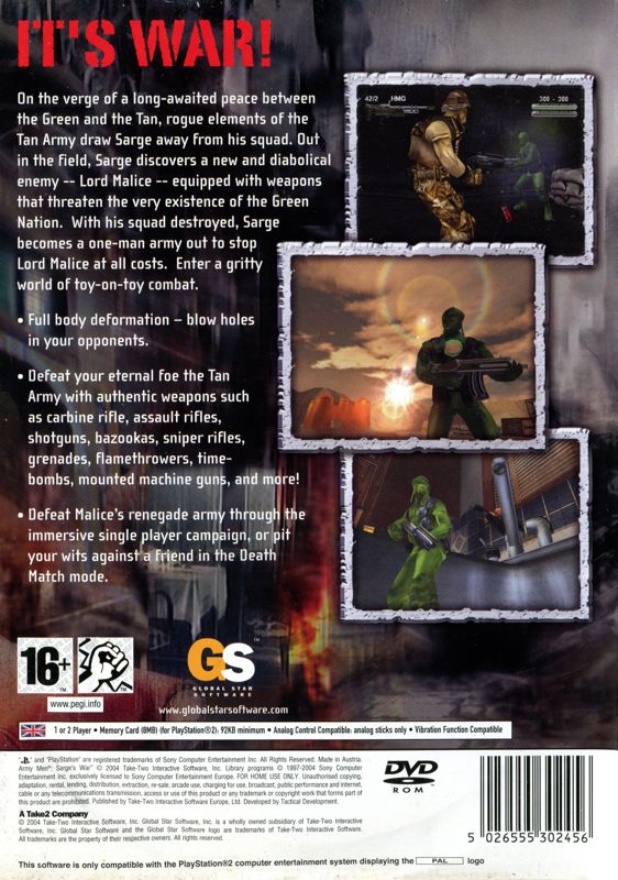 Back Cover for Army Men: Sarge's War (PlayStation 2)