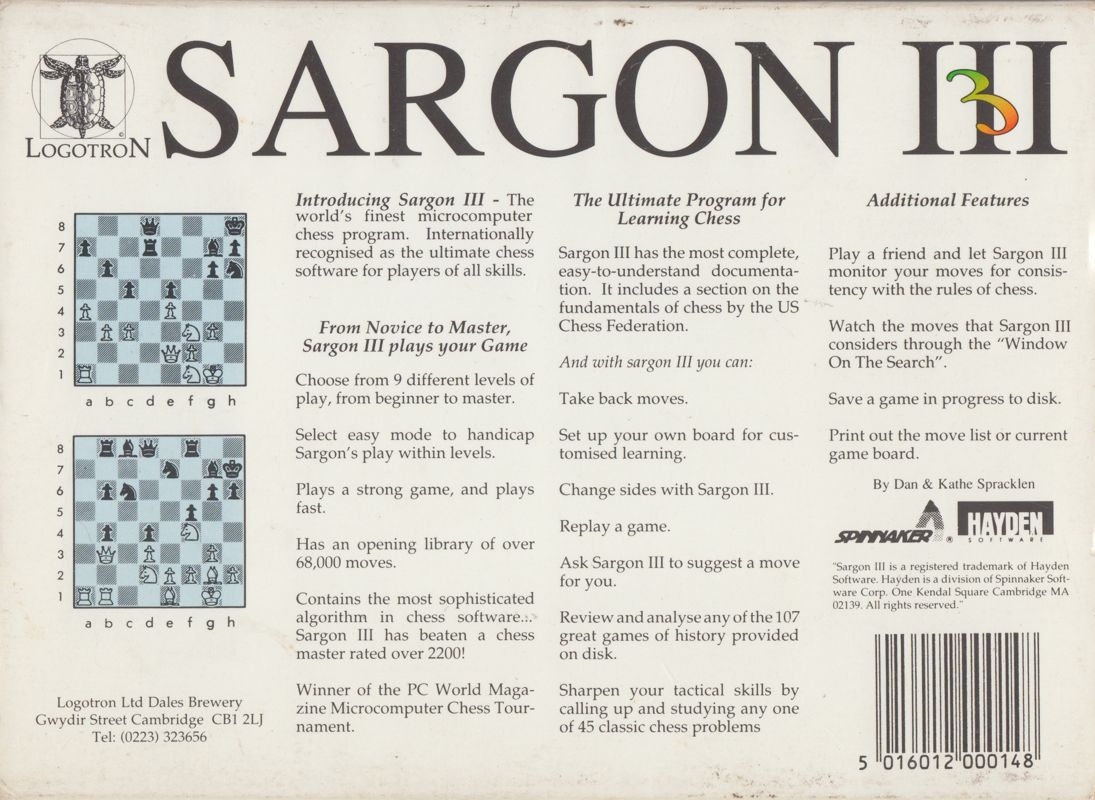 Back Cover for Sargon III (Atari 8-bit and Commodore 64)