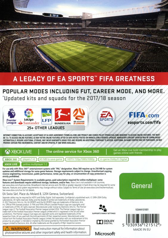 Back Cover for FIFA 18: Legacy Edition (Xbox 360)