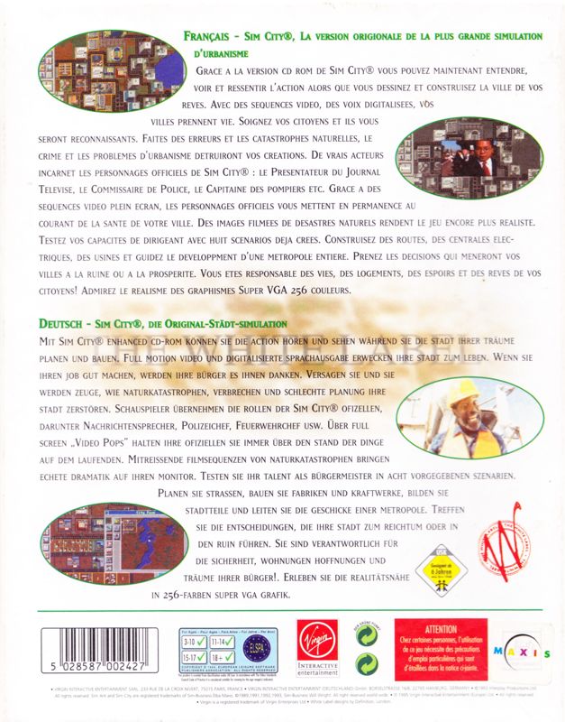 Back Cover for SimCity: Enhanced CD-ROM (DOS) (White Label Release)