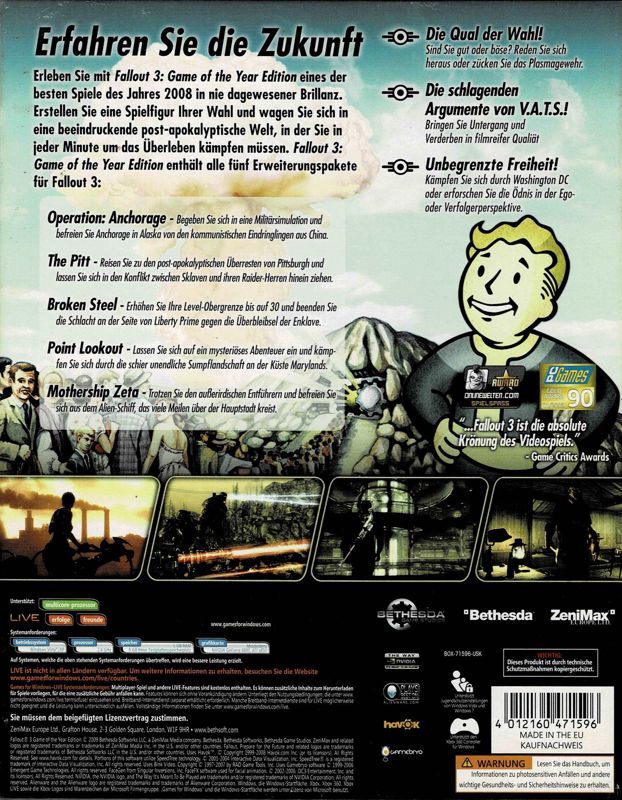 Back Cover for Fallout 3: Game of the Year Edition (Windows) (Software Pyramide release)