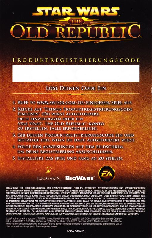 Other for Star Wars: The Old Republic (Windows): Back: Product Registration