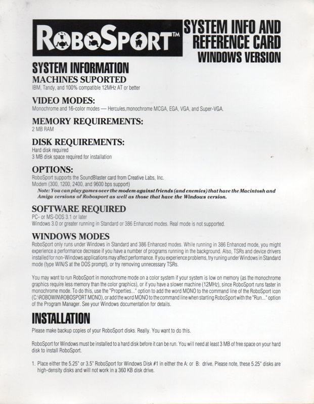 Reference Card for RoboSport (Windows 3.x): Front