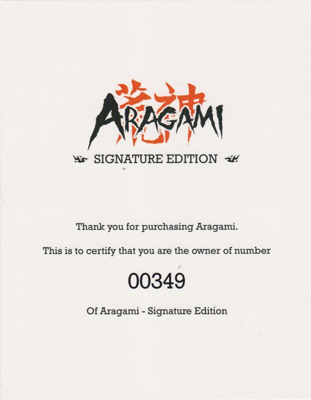 Extras for Aragami: Shadow Edition (Signature Edition) (Nintendo Switch) (Sleeved Box): Certificate of Authenticity