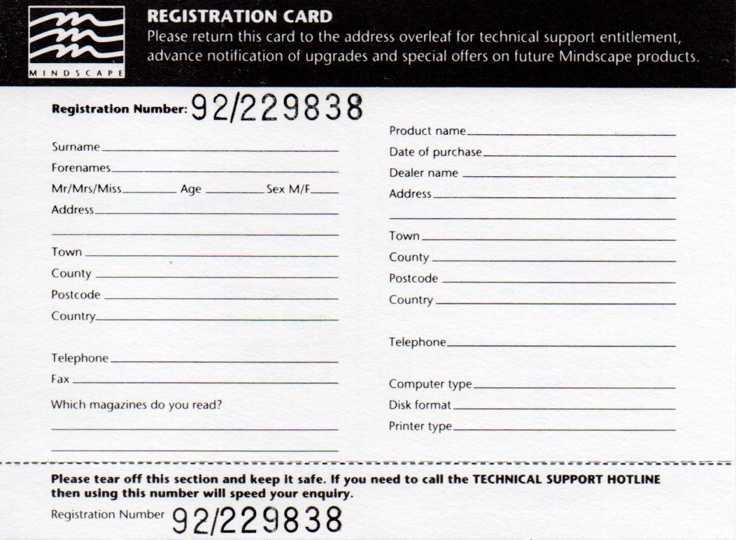 Other for SimLife (DOS) (3.5" diskette release): Registration Card Back