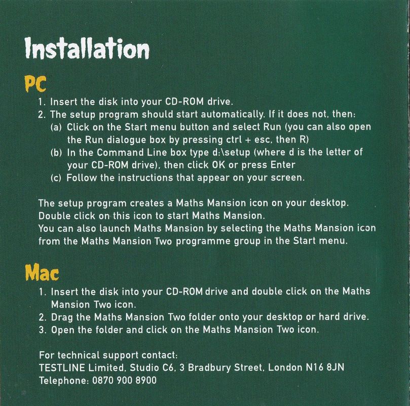 Inside Cover for Maths Mansion: Disk Two (Macintosh and Windows)