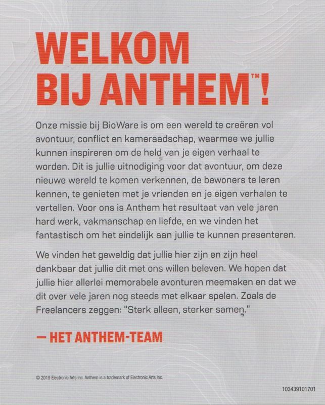 Extras for Anthem (PlayStation 4): Flyer - Welcome to Anthem (Dutch)