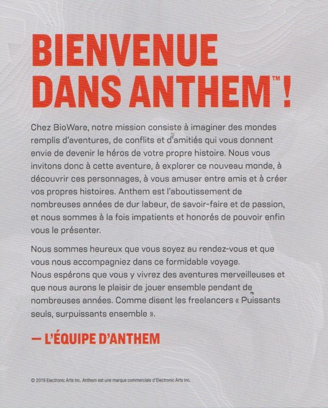 Extras for Anthem (PlayStation 4): Flyer - Welcome to Anthem (French)