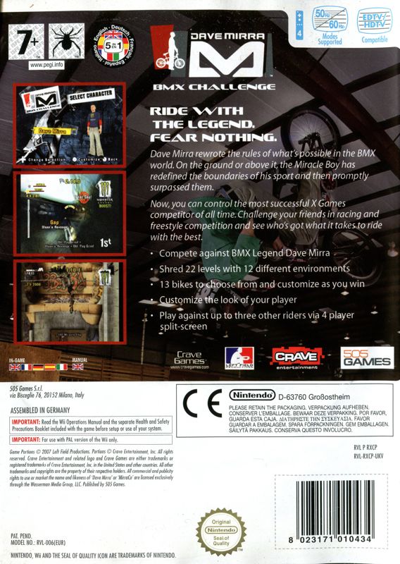 Back Cover for Dave Mirra BMX Challenge (Wii)