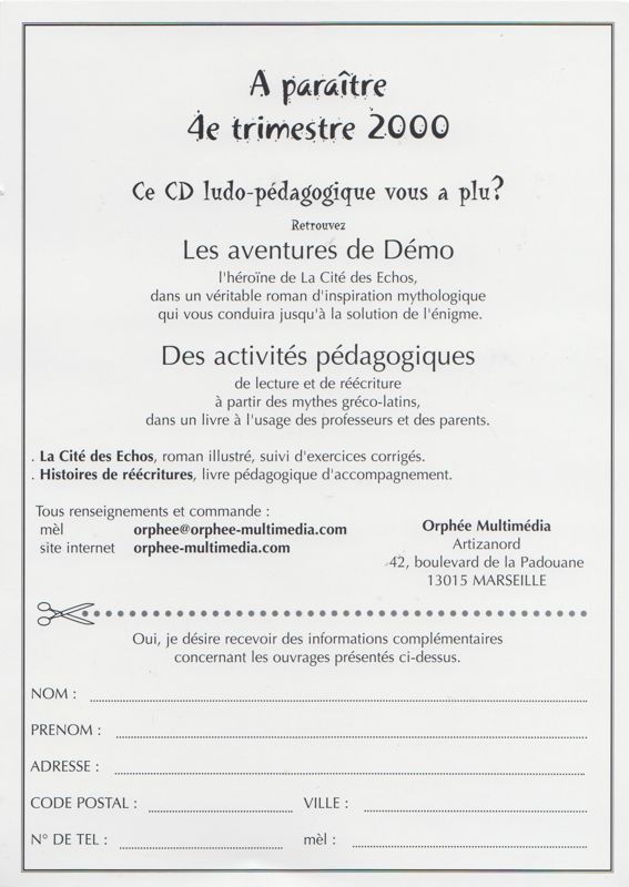 Advertisement for La Cité des Echos (Macintosh and Windows): Registration Form