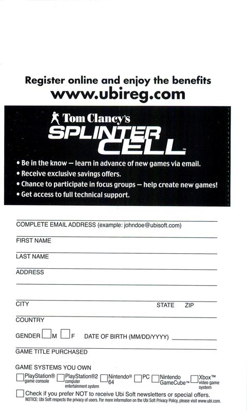 Extras for Tom Clancy's Splinter Cell (PlayStation 2): Registration Front