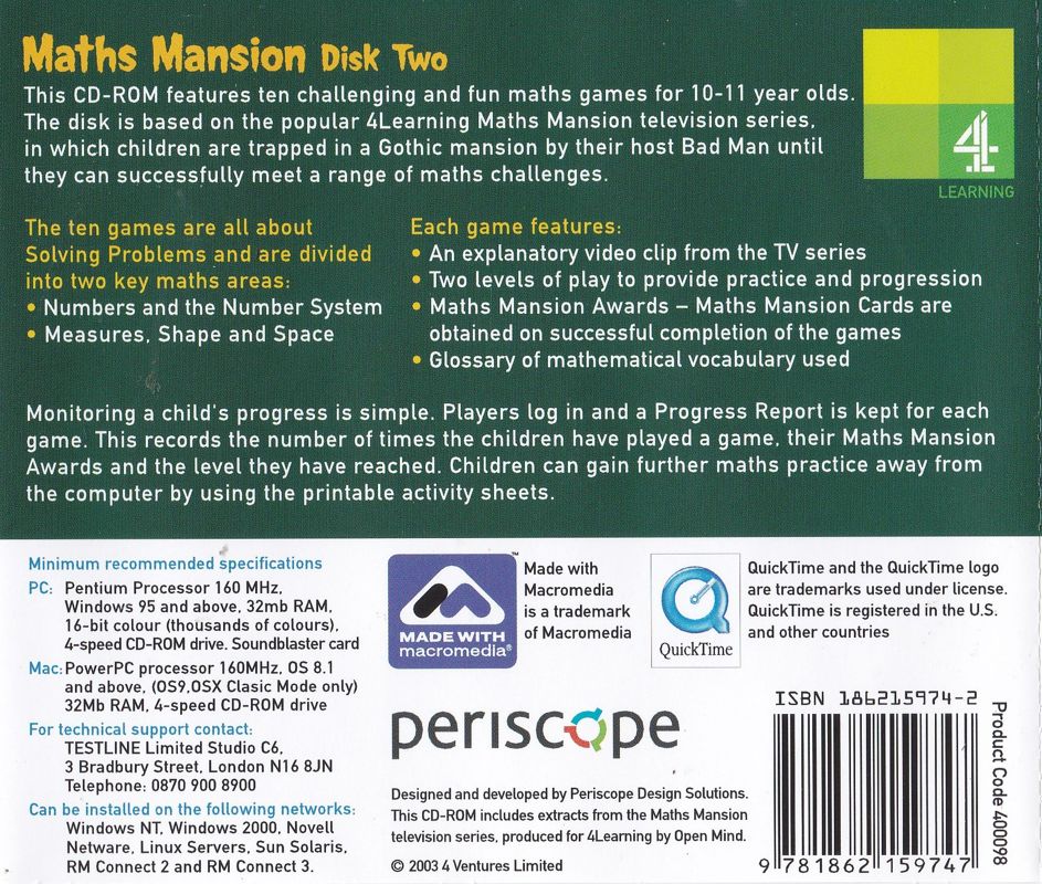 Back Cover for Maths Mansion: Disk Two (Macintosh and Windows)