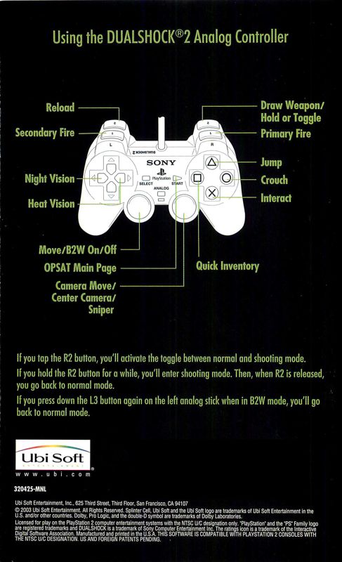 Manual for Tom Clancy's Splinter Cell (PlayStation 2): Back