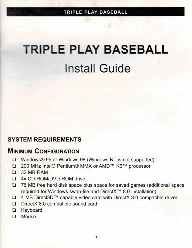 Reference Card for Triple Play Baseball (Windows): Front