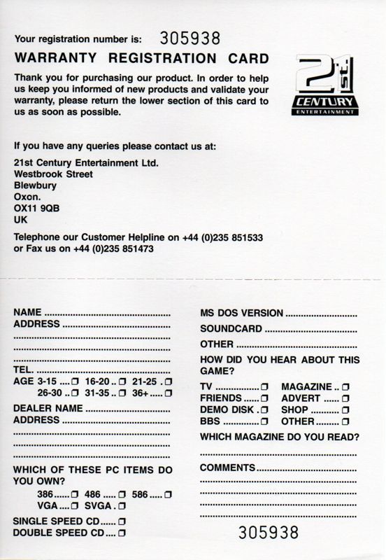 Other for Pinball Arcade (DOS): Registration Card Back