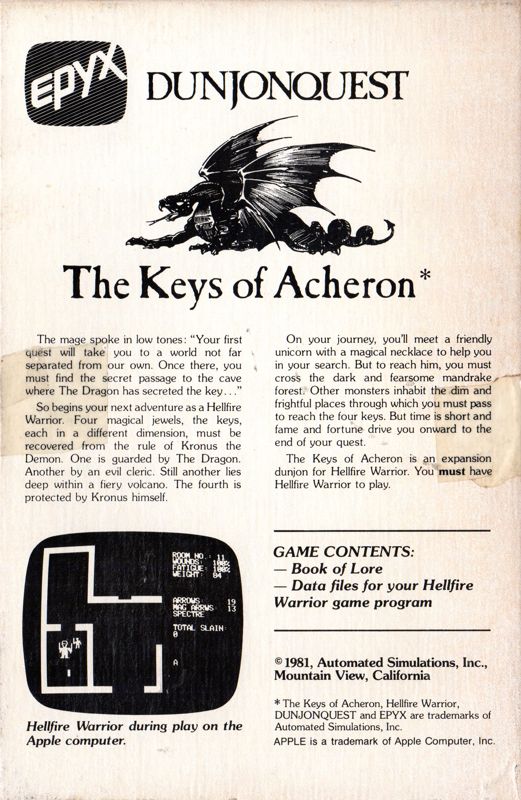 Back Cover for The Keys of Acheron (Atari 8-bit)