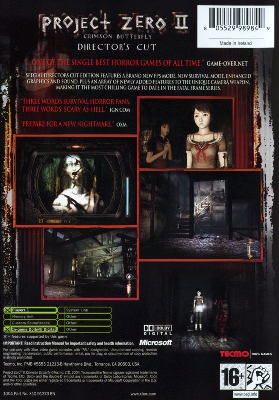 Back Cover for Fatal Frame II: Crimson Butterfly - Director's Cut (Xbox)