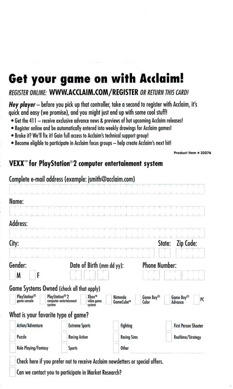 Other for Vexx (PlayStation 2): Registration Front