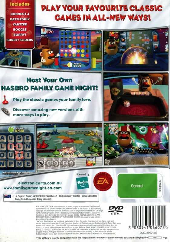 Back Cover for Hasbro Family Game Night (PlayStation 2)