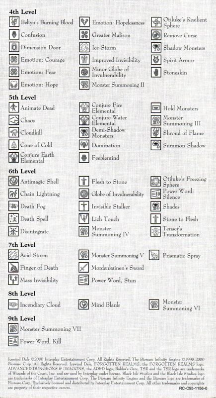 Reference Card for Icewind Dale (Windows): Back