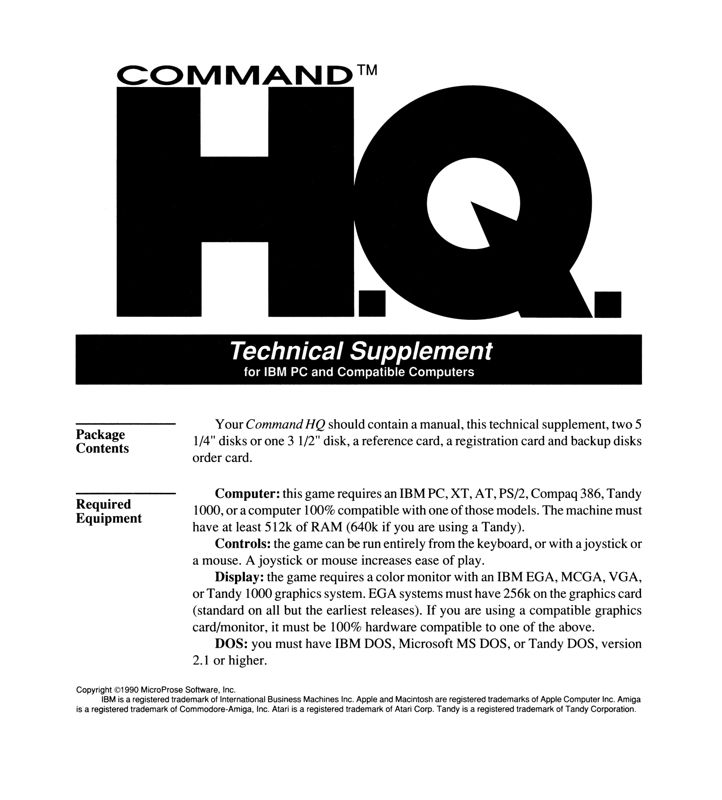 Manual for Command H.Q. (DOS): Technical Supplement - Front