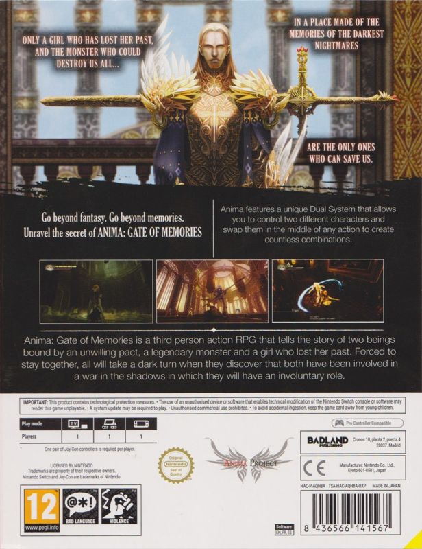 Back Cover for Anima: Gate of Memories - Arcane Edition (Nintendo Switch) (First Print edition)