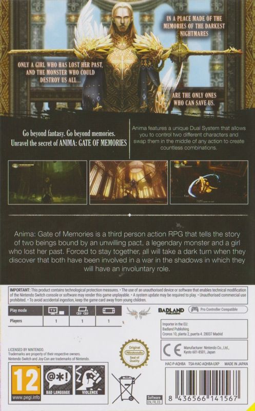 Other for Anima: Gate of Memories - Arcane Edition (Nintendo Switch) (First Print edition): Keep Case - Back