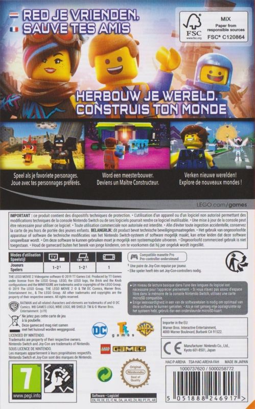 Back Cover for The LEGO Movie 2 Videogame (Nintendo Switch)