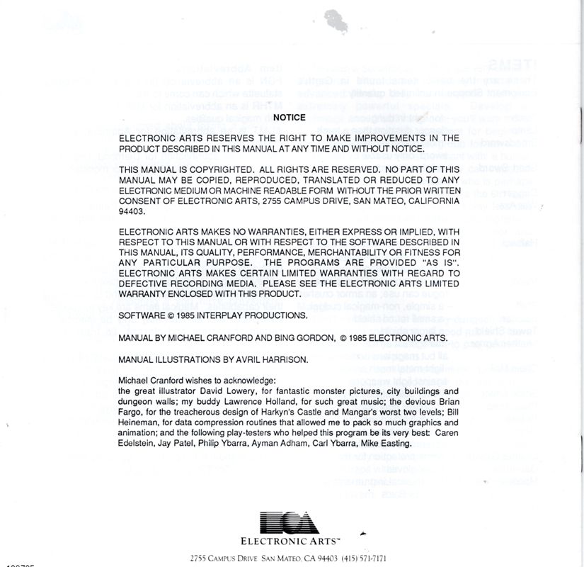 Manual for Tales of the Unknown: Volume I - The Bard's Tale (Macintosh): Back