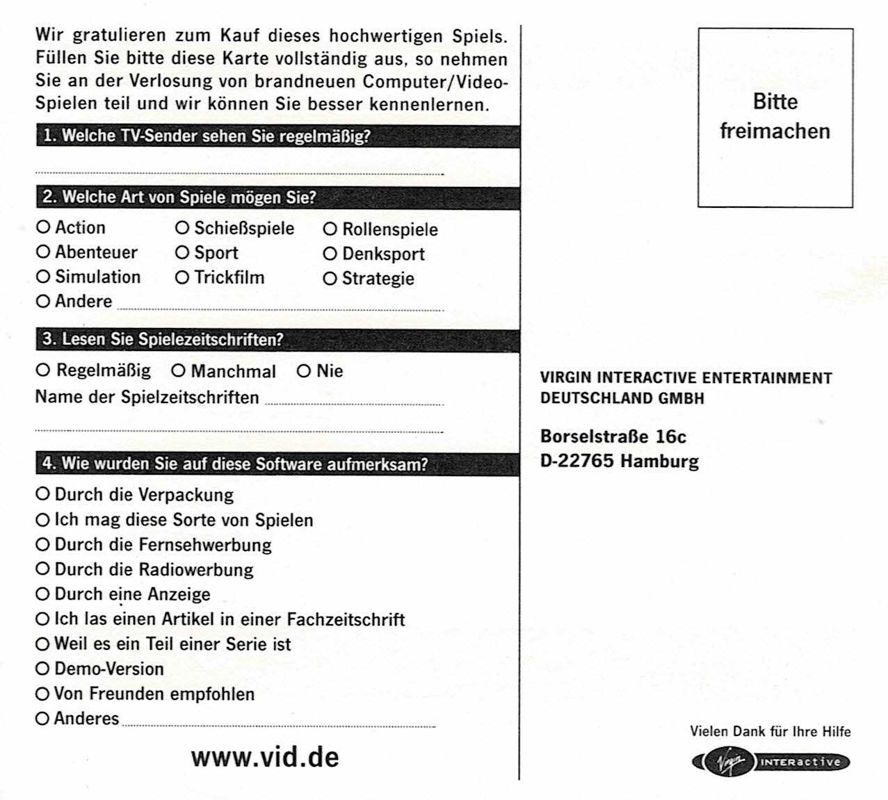 Extras for Messiah (Windows) (German box including the "Making of..."): Registration Card - Front