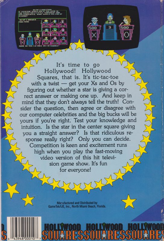 Back Cover for Hollywood Squares (Apple II and Apple IIgs)