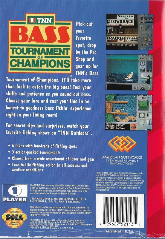 Back Cover for TNN Bass Tournament of Champions (Genesis)