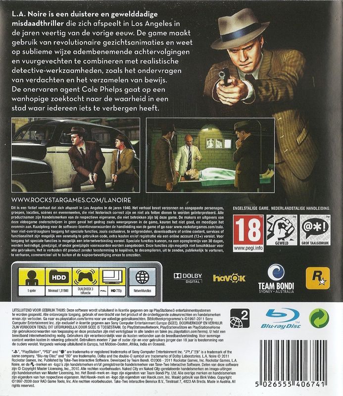 Back Cover for L.A. Noire (PlayStation 3)