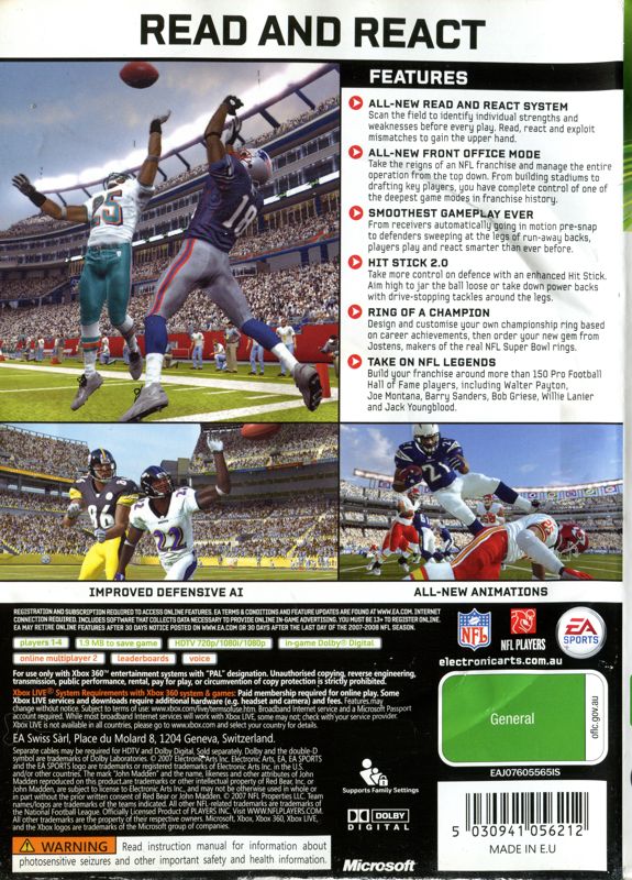 Madden NFL 08 cover or packaging material - MobyGames