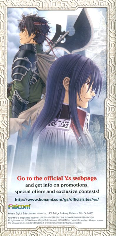 Manual for Ys VI: The Ark of Napishtim (PSP): Back